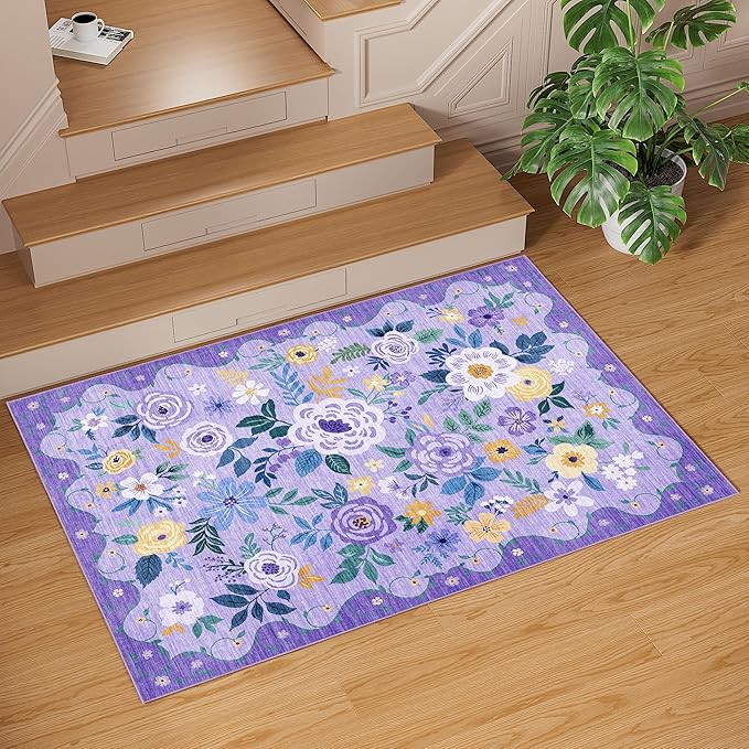 DUKINO 3x5 Area Rug, Floral Rugs for Living Room, Lightweight Non Slip Washable Rug, Indoor Low Pile & Non-Shedding Boho Design Rugs for Bedroom, Living Room, Dining Room, Purple