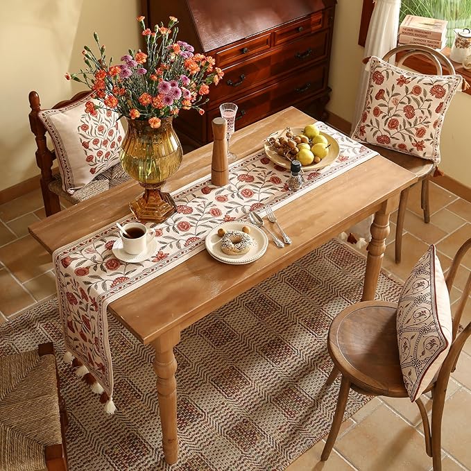 Designer Elegant Linen Table Runner 102 Inches Long,Vintage Orange Floral Pattern Table Runners for Dining Tables,Kitchen Decor,Thanksgiving,Christmas,Banquet,12"*102"-Alvarado A