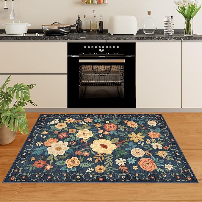 DUKINO 3x4 Area Rug, Lightweight Non Slip Washable Floral Rug, Indoor Low Pile & Non-Shedding Boho Design Carpets for Bedroom, Kitchen, Dining Room, Navy Blue