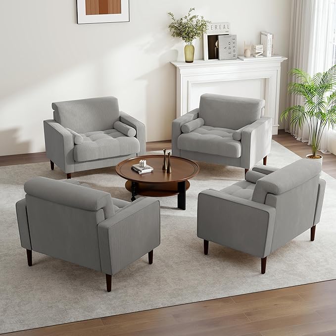 UIXE Accent Chair, Corduroy Upholstered Arm Chairs for Living Room, Comfy Armchair Mid-Century Track Armrest Single Sofa Bedroom Reading Seat with 2 Bolster Pillows - Light Gray, Set of 1