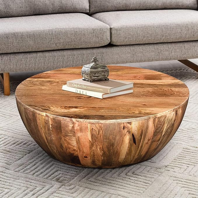 TUP THE URBAN PORT Arthur Mango Wood 35.5 Inch Coffee Table in Round Shape, Dark Brown
