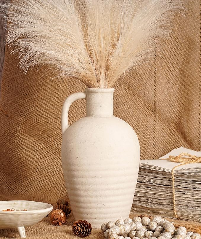White Ceramic vase with Handle, 10inch Boho Unique Textured Pottery, Rustic Farmhouse Decorative Terracotta vases for Flowers, Centerpieces, Living Room.