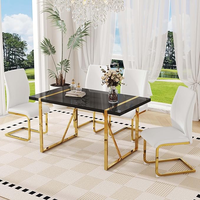 55" Black Dining Table Set for 4, 5 Piece Dining Table Set, 1.5" Black Glossy Wood Tabletop with Gold Metal Legs, Modern Kitchen Table Set with 4 Bow-legged Faux Leather Chairs for Dining, Small Space