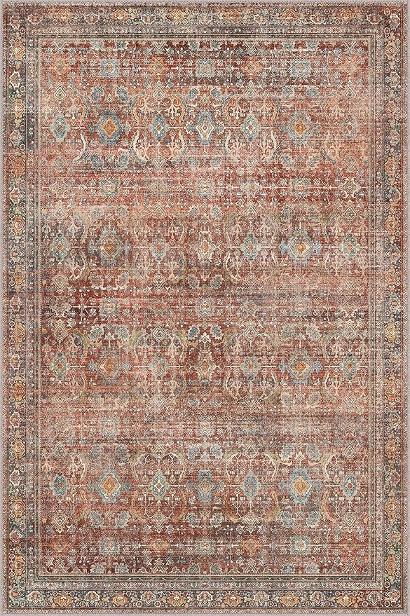 GENIMO 6x9 Area Rugs for Living Room, Machine Washable Non Slip Vintage Rugs, Low Pile Lightweight Chenille Print Rug for Bedroom, Dining Room, Home Office, Terracotta Indigo