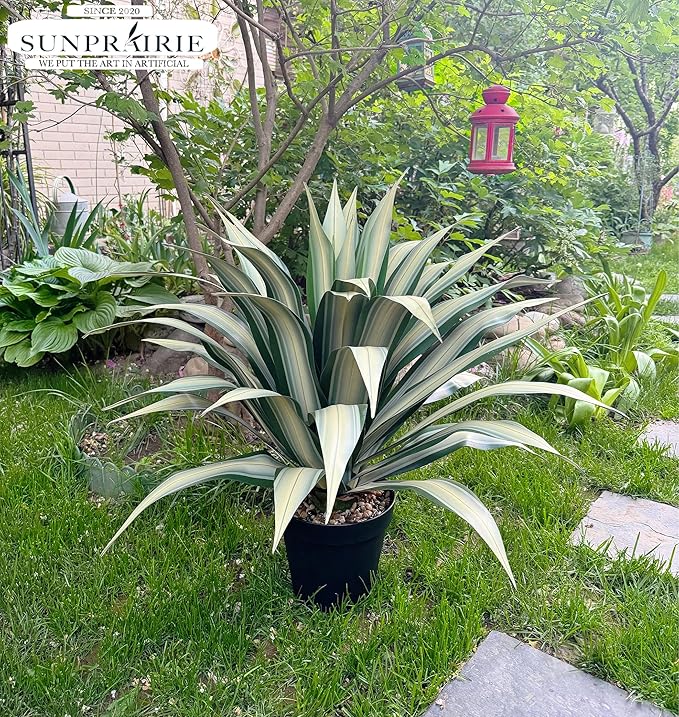SUNPRAIRIE Life-Like Extra Large 34 Inch Tall Artificial Agave Plant. Cream Leaves with Textured Dark Green Stripes. UV Resistant Faux Plants. Outdoor and Indoor Large Artificial Plants.