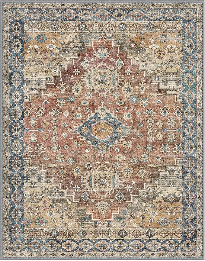 GENIMO 8x10 Area Rugs for Living Room, Machine Washable Non Slip Vintage Rugs, Low Pile Lightweight Chenille Print Rug for Bedroom, Dining Room, Home Office, Antique Red