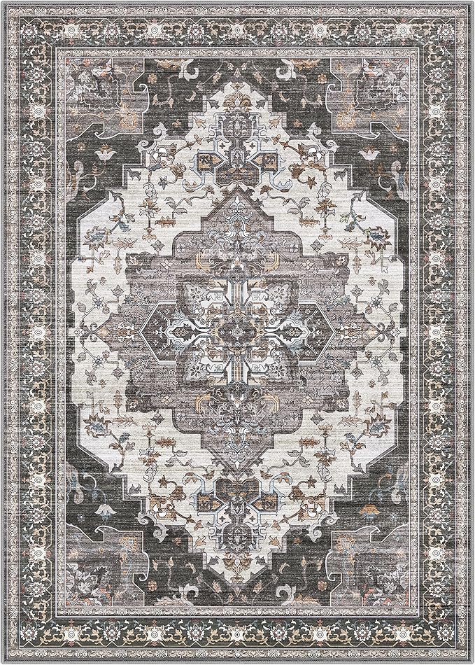 GENIMO 8x10 Area Rugs for Living Room, Machine Washable Non Slip Vintage Rugs, Low Pile Lightweight Chenille Print Rug for Bedroom, Dining Room, Home Office, Slate Gray