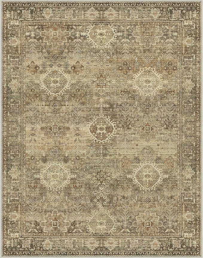 GENIMO 6X9 Area Rugs for Living Room, Machine Washable Non Slip Vintage Floral Patchwork Rug, Thin Low Pile Chenille Carpet Rugs for Bedroom, Dining Room, Straw