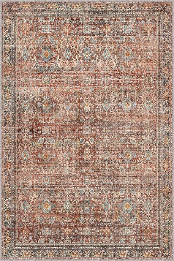 GENIMO 4x6 Area Rugs for Living Room, Machine Washable Non Slip Vintage Rugs, Low Pile Lightweight Chenille Print Rug for Bedroom, Dining Room, Home Office, Terracotta Indigo