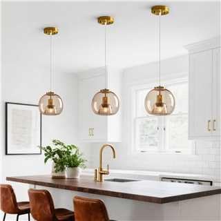 Light Coffee Glass Pendant Lights Kitchen Island Gold Hanging Light Fixture Glass Globe Pendant Light Modern Pendant Lighting for Kitchen Island Bedroom Dining Room (7.87", 2 Pack)