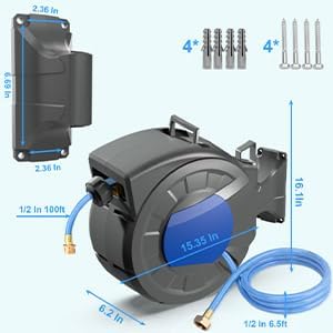 Retractable Garden Hose Reel, 1/2" x 100 ft + 6.5 ft Wall Mounted Water Hose Reel for Outside with 10 Pattern Nozzle, Automatic Slow Rewind System/Lock Any Length/180°Swivel