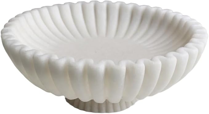 12" Large Decorative Bowl decor , Scalloped Pedestal Bowls for Modern Home Decor,Ruffle Decor,Stylish Key Bowl for Entry Table,Decorative Fruit Bowl for Kitchen Counter,Artificial Stone Milky white