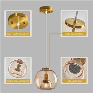 Light Coffee Glass Pendant Lights Kitchen Island Gold Hanging Light Fixture Glass Globe Pendant Light Modern Pendant Lighting for Kitchen Island Bedroom Dining Room (7.87", 2 Pack)