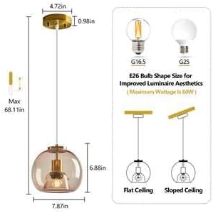 Light Coffee Glass Pendant Lights Kitchen Island Gold Hanging Light Fixture Glass Globe Pendant Light Modern Pendant Lighting for Kitchen Island Bedroom Dining Room (7.87", 2 Pack)