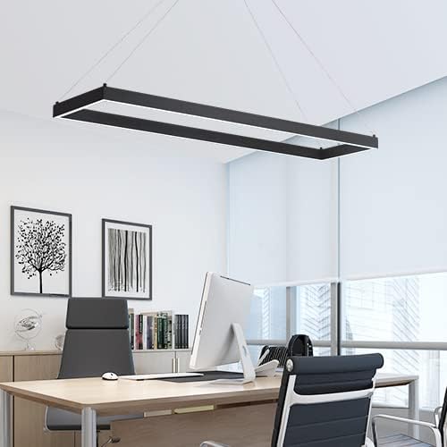 Modern Led Chandelier Linear Rectangle Chandelier Modern Led Pendant Light Kitchen Island Lighting Fixture 6000K Dimmable 39.4” Contemporary Hanging Light for Dining Room Living Room Black