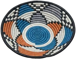 Handwoven African Basket Handmade sisal Fruit Bowl Wall Hanging decorative Baskets for Home Living Room Kitchen Centerpiece Zen Designs Arts and Crafts (Orange Blue Grey, 12in diameter)