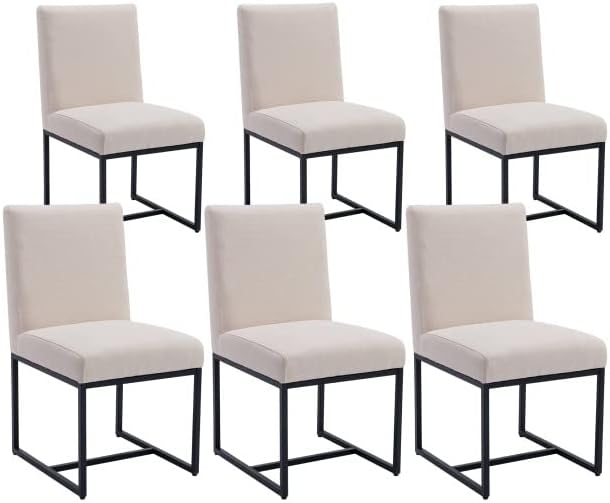 VESCASA Linen Upholstered Dining Chairs Set of 6, Mid Century Modern Padded Chair with Black Metal Frame for Restaurant, Dining Room, Kitchen, Cream