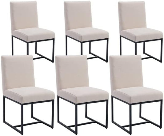 VESCASA Linen Upholstered Dining Chairs Set of 6, Mid Century Modern Padded Chair with Black Metal Frame for Restaurant, Dining Room, Kitchen, Cream