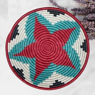 Handwoven African Basket Handmade sisal Fruit Bowl Wall Hanging decorative Baskets for Home Living Room Kitchen Centerpiece Zen Designs Arts and Crafts (Turquoise Red White, 8in diameter)