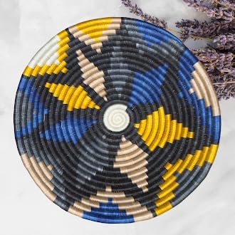 Handwoven African Basket Handmade sisal Fruit Bowl Wall Hanging decorative Baskets for Home Living Room Kitchen Centerpiece Zen Designs Arts and Crafts (Yellow Charcoal Grey Blue, 12in diameter)