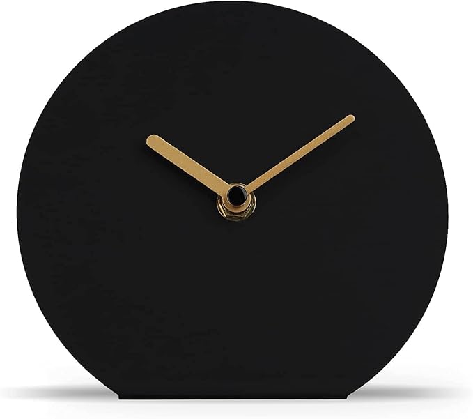 SOFFEE DESIGN 6'' One-Piece Table Clocks Without Scale Modern Minimalist Style Decoration, Iron Silent Quartz Desk Clock Creative Ornaments, Battery Operated Non Ticking for Home Office, Black