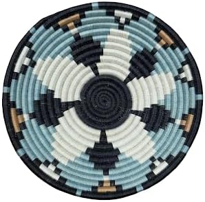 Handwoven African Basket Handmade sisal Fruit Bowl Wall Hanging decorative Baskets for Home Living Room Kitchen Centerpiece Zen Designs Arts and Crafts (Teal Black Floral, 8in diameter)