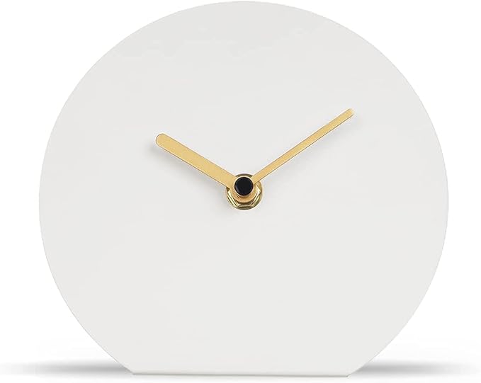 SOFFEE DESIGN 6'' One-Piece Table Clocks Without Scale Modern Minimalist Style Decoration, Iron Silent Quartz Desk Clock Creative Ornaments, Battery Operated Non Ticking for Home, White