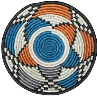 Handwoven African Basket Handmade sisal Fruit Bowl Wall Hanging decorative Baskets for Home Living Room Kitchen Centerpiece Zen Designs Arts and Crafts (Orange Blue Grey, 10in diameter)