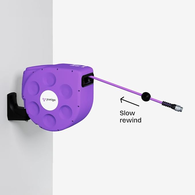 UNITY Wall-Mounted Retractable Hose Reel, 70ft, Slow Rewind, Complete System with Spray Nozzle, 180° Pivoting Mount, Fully Preassembled Compact System for Clean, Easy Watering