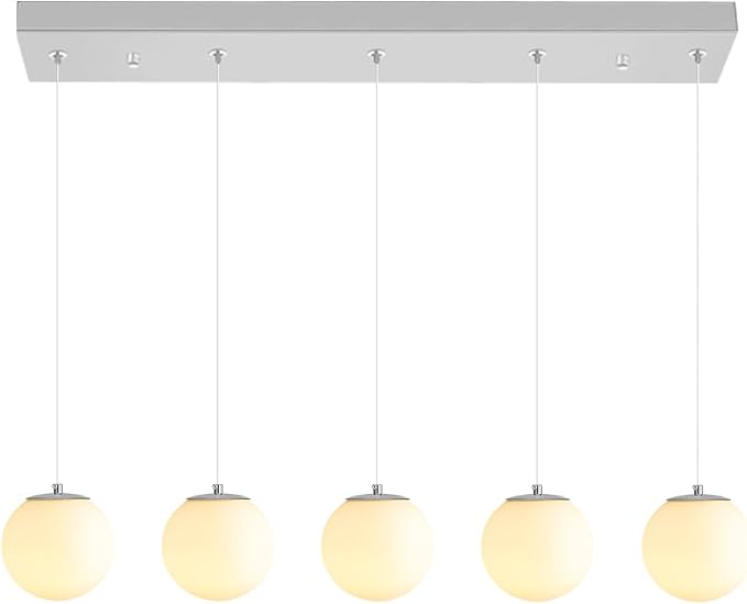 5-Lights Globe Pendant Light for Kitchen Island H 98" Silver Rectangle Chandelier Milk White Glass Pendant Lighting for Living Room Bedroom Entryway