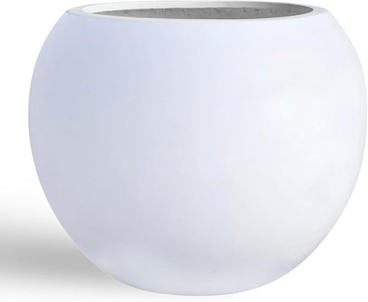9.7" H x 12" D Globo Fiberstone Round Planter with Drainage Hole, Weather Resistant, Smooth Finish, Planters for Indoor Plants & Outdoor, 2 Extra Coco Mats (White, 7.8" Pot Opening)