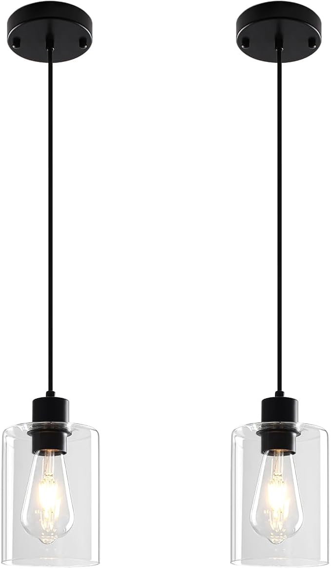 Glass Pendant Lights Kitchen Island 2 Pack, Black Kitchen Pendant Lighting Over Island, Hanging Light Fixtures Modern Pendant Lights for Hallway Entryway Bedroom Dining Room
