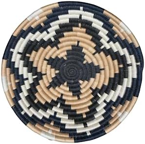 Handwoven African Basket Handmade sisal Fruit Bowl Wall Hanging decorative Baskets for Home Living Room Kitchen Centerpiece Zen Designs Arts and Crafts (Navy Blue Tan White, 8in diameter)
