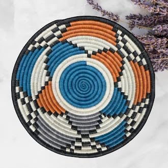 Handwoven African Basket Handmade sisal Fruit Bowl Wall Hanging decorative Baskets for Home Living Room Kitchen Centerpiece Zen Designs Arts and Crafts (Orange Blue Grey, 8in diameter)