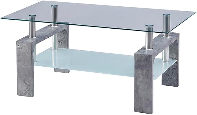 Living Room Rectangle Coffee Table, Tea Table Suitable for Waiting Room, Modern Side Coffee Table with Wooden Leg, Glass Tabletop with Lower Shelf,Grey Marble