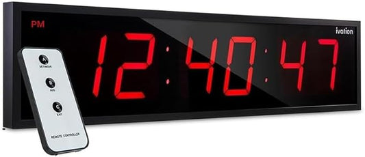 Ivation Oversized Large Digital Wall Clock - Big LED Digital Clock w/Large Display, Shelf or Wall Mount (24 Inch - RED) 6 Brightness Levels | Time Memory | Remote, Mounting Holes & Hardware