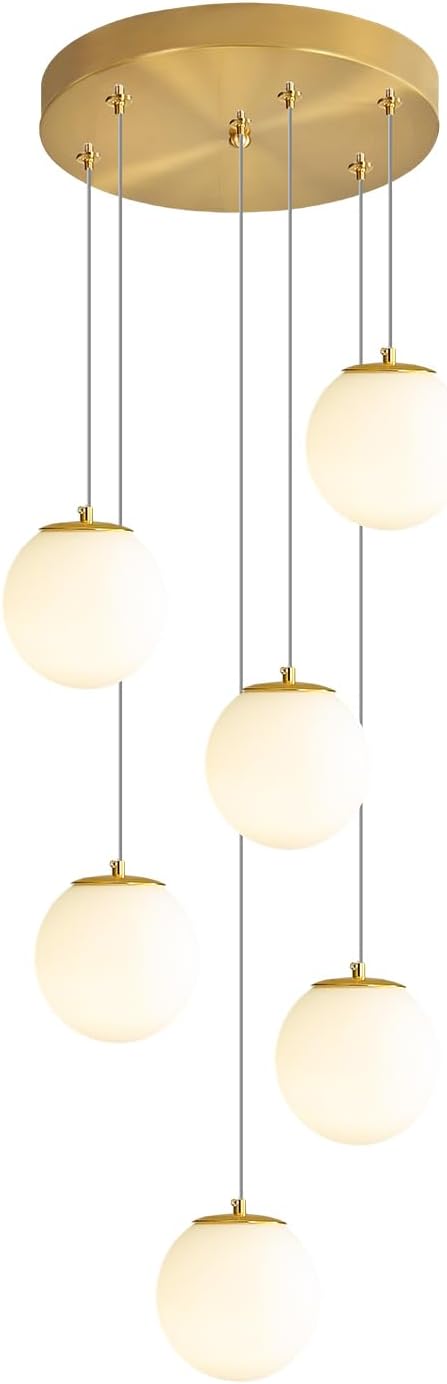H 87in Globe Pendant Light 6-Lights Modern Hanging Chandelier for Kitchen Island Mid Century Globe Chandelier Milk White Glass Pendant Lighting for Living Room Bedroom Entryway