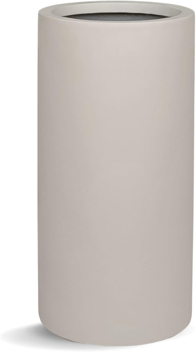 19.5"H x 9.8"D Tubo Fiberstone Cylinder Tall Planter with Drainage Hole, Smooth Finishes, Weather Resistant for Indoor and Outdoor Use, Included 2 Extra Coco Mats (Taupe, 8.2" Pot Opening)