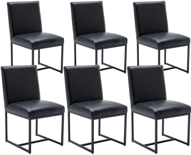 VESCASA Faux Leather Upholstered Dining Chairs with Black Metal Frame, Mid Century Modern Padded Kitchen Chair with Adjustable Foot Pads for Restaurant, Dining Room, Set of 6, Black