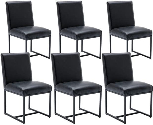 VESCASA Faux Leather Upholstered Dining Chairs with Black Metal Frame, Mid Century Modern Padded Kitchen Chair with Adjustable Foot Pads for Restaurant, Dining Room, Set of 6, Black