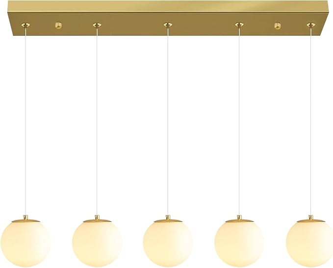 5-Lights Globe Pendant Light for Kitchen Island H 98" Gold Rectangle Chandelier Milk White Glass Pendant Lighting for Living Room Bedroom Entryway