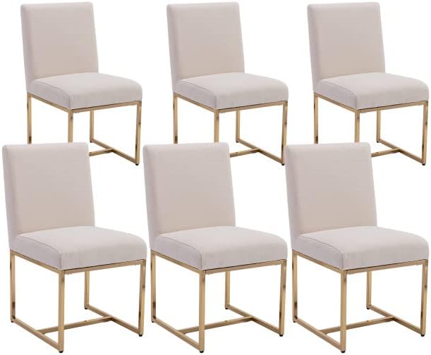 VESCASA Linen Upholstered Dining Chairs Set of 6, Mid Century Modern Padded Chair with Gold Metal Frame for Restaurant, Dining Room, Kitchen, Cream