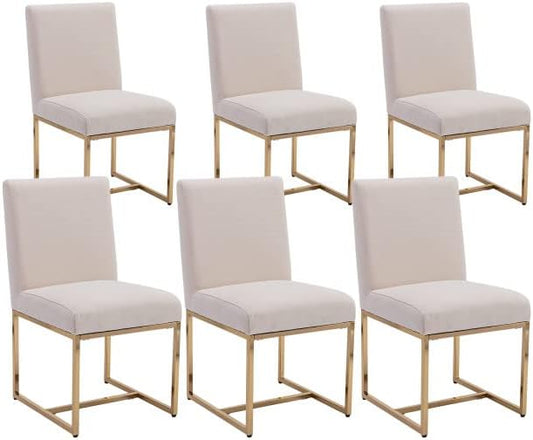 VESCASA Linen Upholstered Dining Chairs Set of 6, Mid Century Modern Padded Chair with Gold Metal Frame for Restaurant, Dining Room, Kitchen, Cream