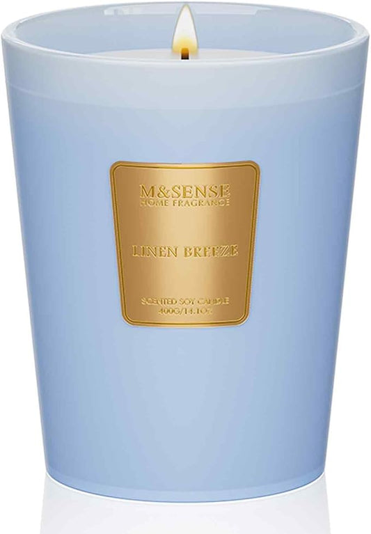 M&SENSE Linen Breeze Scented Natural Soy Wax Candle, 14.1oz 60 Hours Long Lasting Slow Burning Candles for Home Decor, Aromatherapy Candle for Stress Relief