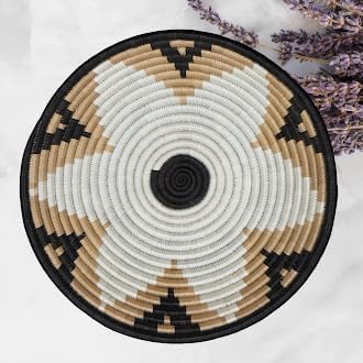 Handwoven African Basket Handmade sisal Fruit Bowl Wall Hanging decorative Baskets for Home Living Room Kitchen Centerpiece Zen Designs Arts and Crafts (Black Beige White, 10in diameter)