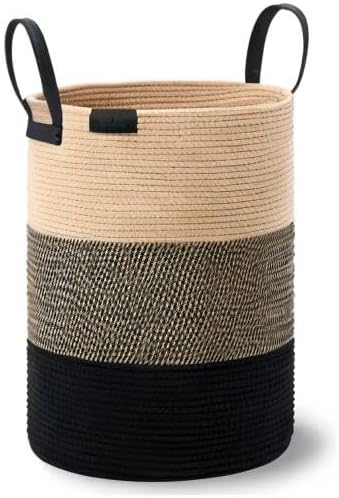 VIPOSCO Tall Laundry Basket, Large Dirty Clothes Hamper with Leather Handle, Woven Rope Storage Basket for Blanket, Toy In Living Room, Bathroom, Bedroom - 58L Brown & Black