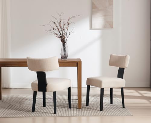 Wooden Dining Table Set of 4, Farmhouse Rectangular Dining Room Table with 4 Upholstered Beige Dining Room Chairs, Black Frame, Modern Black Kitchen Table and Linen Chairs Set for Home