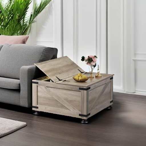 WLIVE Farmhouse Coffee Table, 31.5" Square Wood Center Table with Flip-Top Lids and Large Hidden Storage Compartment for Living Room, Bedroom, Grey Oak