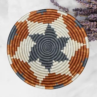 Handwoven African Basket Handmade sisal Fruit Bowl Wall Hanging decorative Baskets for Home Living Room Kitchen Centerpiece Zen Designs Arts and Crafts (Terracotta Grey White, 10in diameter)
