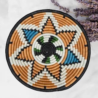 Handwoven African Basket Handmade sisal Fruit Bowl Wall Hanging decorative Baskets for Home Living Room Kitchen Centerpiece Zen Designs Arts and Crafts (Rust Orange Blue Black, 12in diameter)